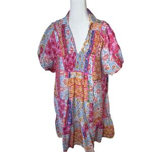 Umgee Womens Patchwork Floral Smocked V-Neck Mini Dress Pink Blue Orange Large